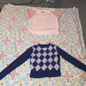 Blue plaid long sleeve, tan shirt.